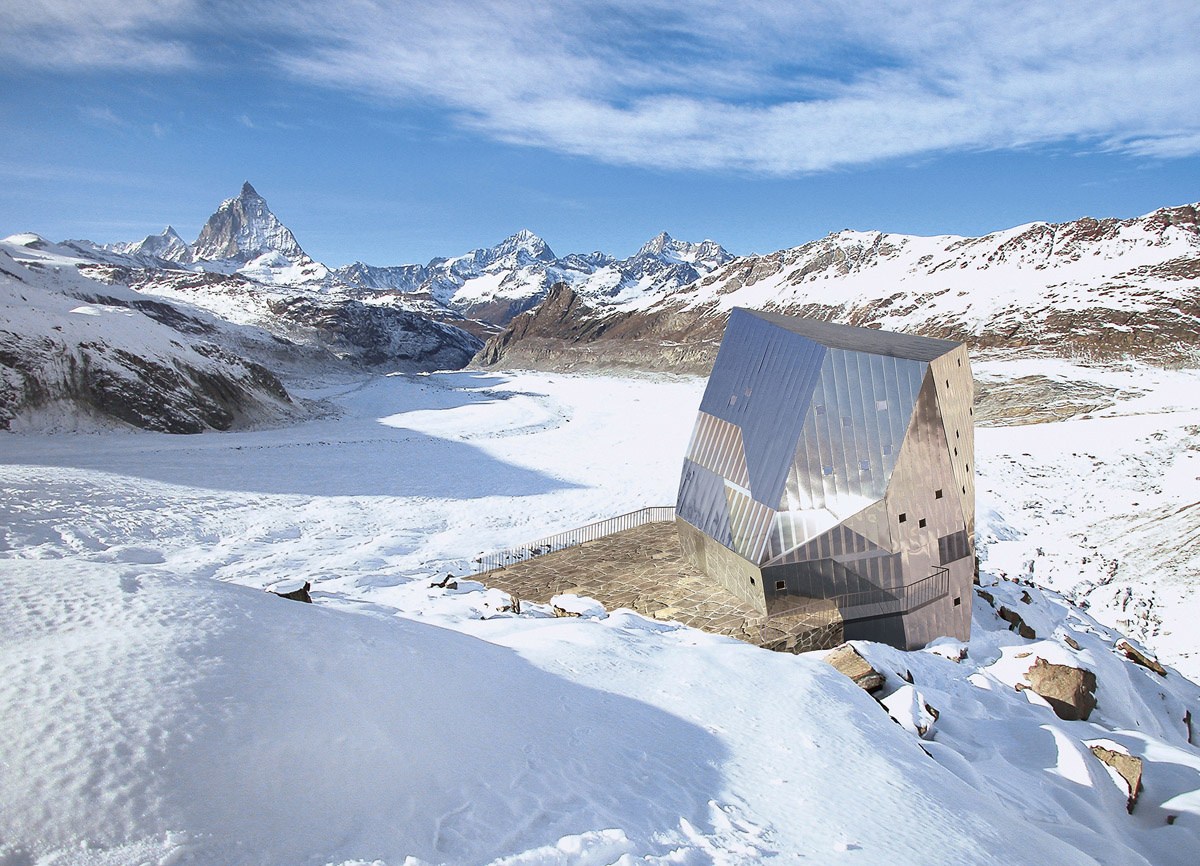 Chata Monte-Rosa-Hütte leží ve výšce 2883 m na okraji ledovce Gornergletscher, vizualizace ETH, zdroj Siemens Building Technologies