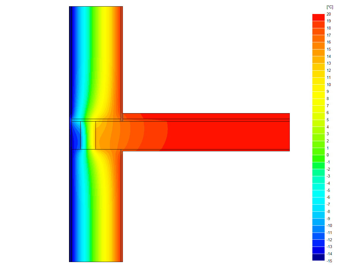 Obr. 3: Detail s běžnou cementovou maltou, teplota vnitřního prostředí 20 °C, teplota vnějšího prostředí –15 °C; Rsi = 0,25 m2.K/W, Rse = 0,04 m2.K/W