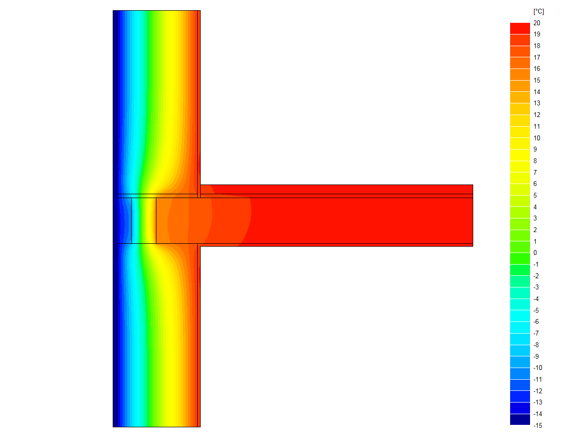 Obr. 4: Detail s maltou HELUZ Trend a věncovkou HELUZ 8 2in1, teplota vnitřního prostředí 20 °C, teplota vnějšího prostředí –15 °C; Rsi = 0,25 m2.K/W, Rse = 0,04 m2.K/W