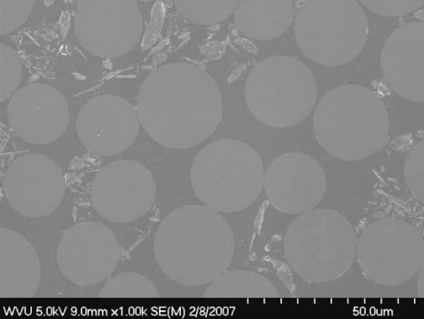 Obr. 3: Srovnání mikrostruktury ocelové a FRP výztuže – snímek z elektronového mikroskopu, vlevo řez FRP výztuží, vpravo řez ocelovou výztuží