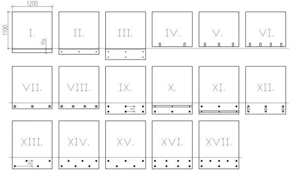 Obr. 5: Schémy sklených zábradlí s rôznymi spôsobmi kotvenia a ich rozmiestnenia – I. líniové Hv = 80, 110, 120 mm, II. líniové s jednou radou skrutiek, III. líniové s dvomi radmi skrutiek, IV. pásikové s dvomi úchytmi, V. pásikové s tromi úchytmi, VI. pásikové s štyrmi úchytmi, VII. bodové s jednou radou s tromi úchytmi, VIII. bodové s jednou radou s štyrmi úchytmi, IX. bodové s dvomi radmi po troch úchytoch v = 160, 180, 200 mm, X. bodové s dvoma radmi po troch úchytoch s horným vodorovným podoprením, XI. bodové s dvoma radmi po troch úchytoch so spodným vodorovným podoprením, XII. bodové s dvoma radmi po troch úchytoch so zvislými roznášacími platňami, XIII. bodové s dvoma radmi po dvoch úchytoch v = 80, 160 mm, XIV. bodové s dvoma radmi po troch úchytoch, XV. bodové – tri horné a dva spodné úchyty, XVI. bodové s dvoma radmi po štyroch úchytoch, XVII. bodové – päť horných a tri spodné úchyty.