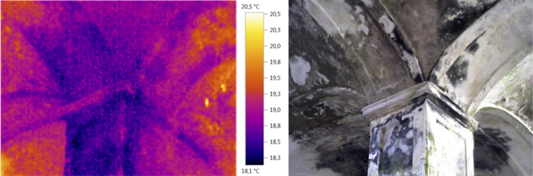 Obr. 23: Termovizní snímky – měření povrchových teplot stěn a rozdílů teplot v návaznosti na tepelné mosty, tedy lokální poruchy či zvýšené vlhkosti