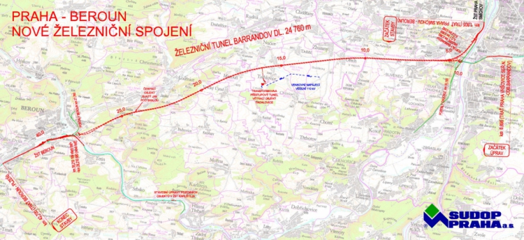 Plánek nového železničního spojení Prahy a Berouna
