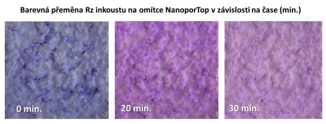 Barevná přeměna Resazurinového inkoustu na omítce NanoporTop v závislosti na čase. Z obrázku je patrné, že na povrchu fasádní omítky Baumit NanoporTop opatřené nátěrem Resazurinovým inkoustem dochází k fotokatalytické reakci, tedy že bylo dosaženo výrazné barevné přeměny Resazurinového inkoustu účinkem UV záření z počáteční modré na konečnou světle růžovou barvu. Je tak potvrzeno, že povrch fasádní omítky Baumit NanoporTop je skutečně fotokatalyticky aktivní a tím aktivně působí proti nečistotám, řasám a plísním na povrchu fasád. Prodlužuje životnost fasád a investic vložených do jejich obnovy.
