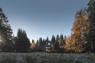 Dům stojí v lese, návrh proto vycházel z odstínů šedé barvy; fasáda a střecha jsou pokryty hliníkem